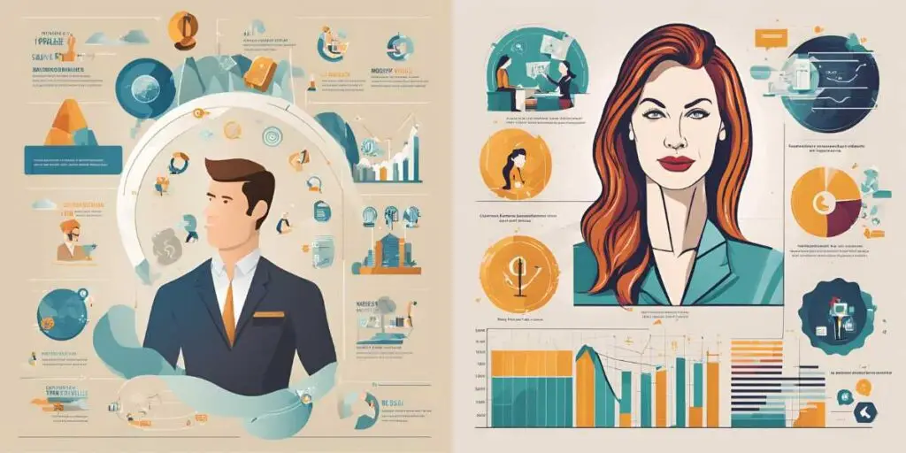 empreendedorismo-perfil a silhueta de um homem e uma mulher circulados por ícones empreendedores como gráficos, negócios, pessoas, gestão, liderança, análise, estratégia, dinheiro, finanças.