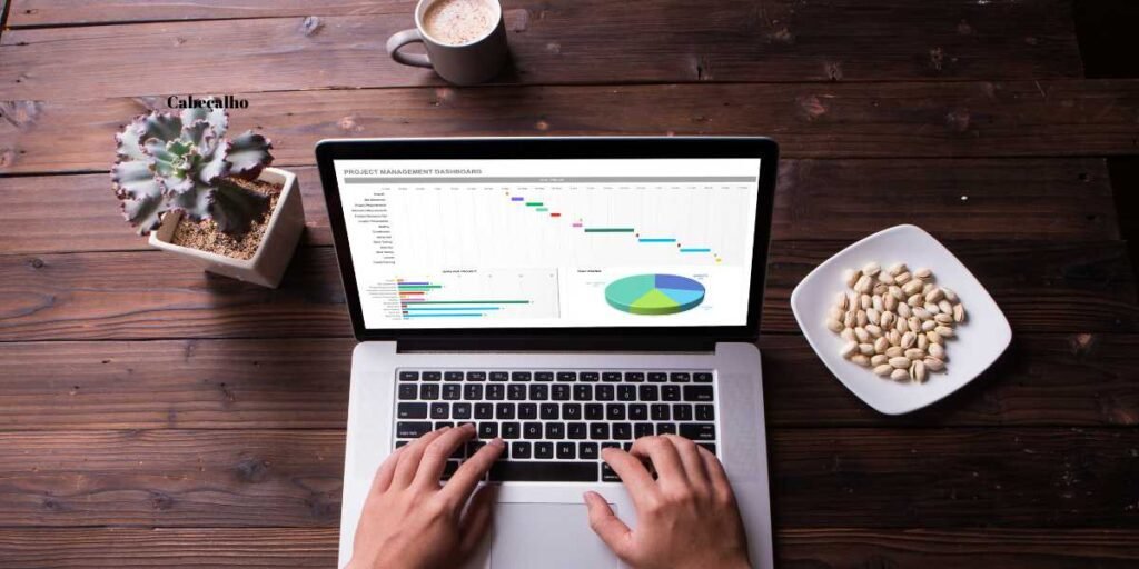 desenvolvimento-pessoal-como-ciencia Pessoa em sua mesa analisando gráfico pizza, de dados e de Gantt